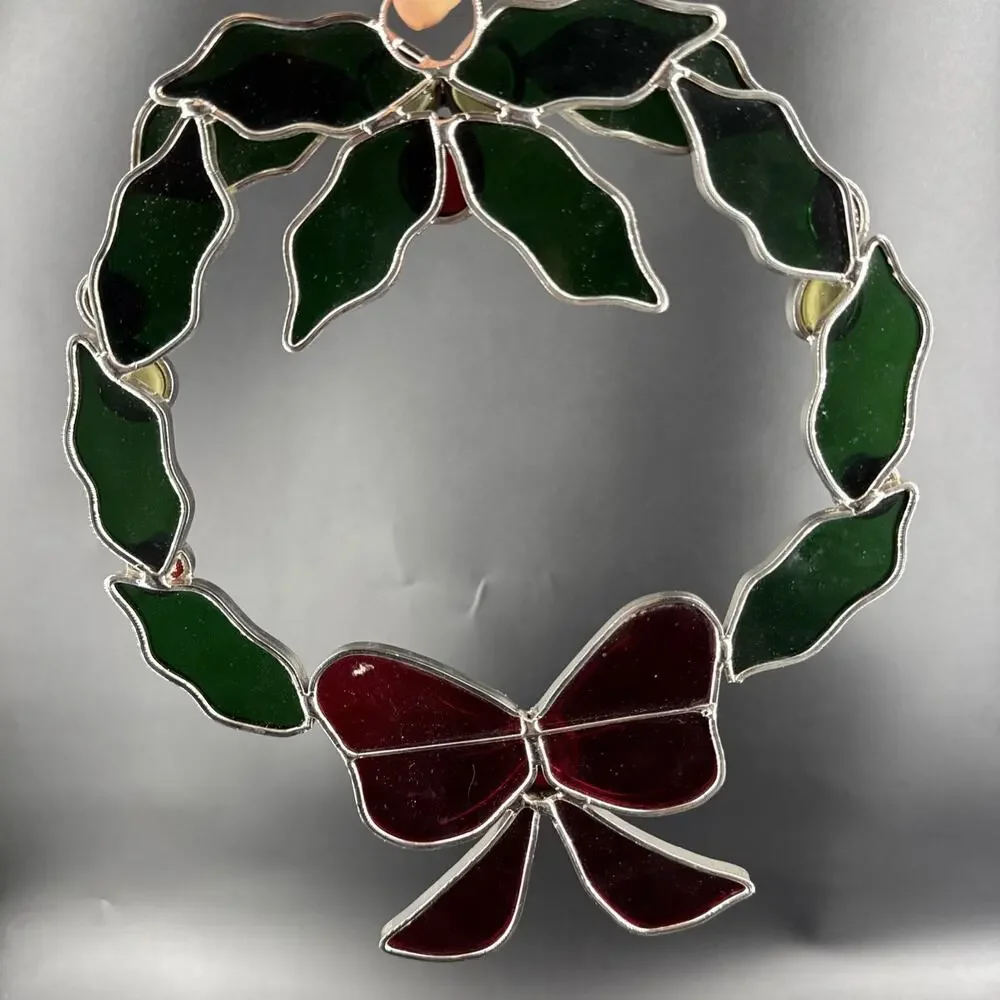 Stained Glass Holly and Berry Christmas Wreath Sun Catcher Holiday Window Decor